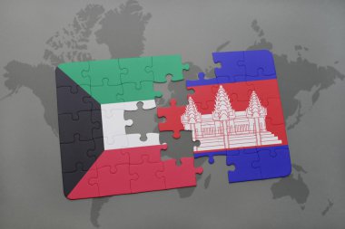bir dünya haritası arka plan üzerinde Kuveyt ve Kamboçya ulusal bayrağı ile bulmaca.