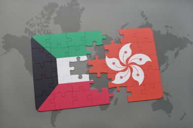 bir dünya haritası arka plan üzerinde Kuveyt ve Hong Kong ulusal bayrağı ile bulmaca.