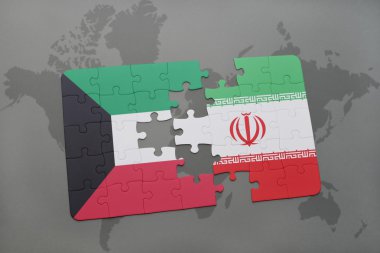 bir dünya haritası arka plan üzerinde Kuveyt ve İran ulusal bayrağı ile bulmaca.