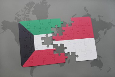 bir dünya haritası arka plan üzerinde Kuveyt ve Endonezya ulusal bayrağı ile bulmaca.
