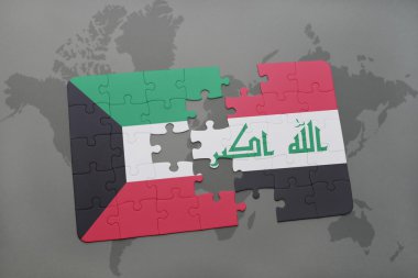 bir dünya haritası arka plan üzerinde Kuveyt ve Irak ulusal bayrağı ile bulmaca.