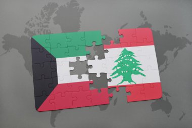 bir dünya haritası arka plan üzerinde Kuveyt ve Lübnan ulusal bayrağı ile bulmaca.