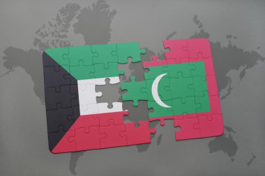 bir dünya haritası arka plan üzerinde Kuveyt ve Maldivler ulusal bayrağı ile bulmaca.