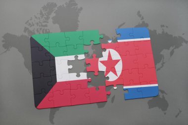 bir dünya haritası arka plan üzerinde Kuveyt ve Kuzey Kore ulusal bayrağı ile bulmaca.