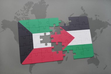 bir dünya haritası arka plan üzerinde Kuveyt ve Filistin ulusal bayrağı ile bulmaca.