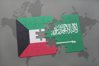 bir dünya haritası arka plan üzerinde Kuveyt ve Suudi Arabistan ulusal bayrağı ile bulmaca.