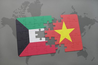 bir dünya haritası arka plan üzerinde Kuveyt ve Vietnam ulusal bayrağı ile bulmaca.