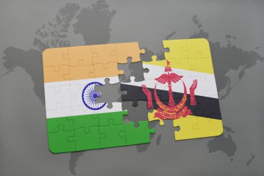 bir dünya haritası arka plan üzerinde Hindistan ve brunei ulusal bayrağı ile bulmaca.