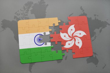 bir dünya haritası arka plan üzerinde Hindistan ve hong kong ulusal bayrağı ile bulmaca.