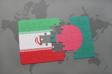 bir dünya haritası arka plan üzerinde İran ve Bangladeş ulusal bayrağı ile bulmaca.