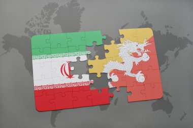 bir dünya haritası arka plan üzerinde İran ve bhutan ulusal bayrağı ile bulmaca.