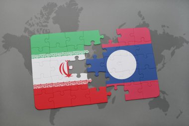 bir dünya haritası arka plan üzerinde İran ve laos ulusal bayrağı ile bulmaca.