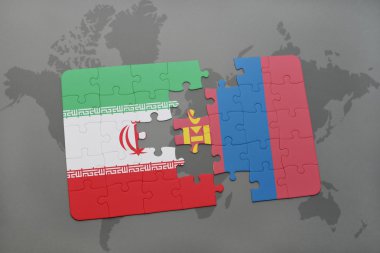 bir dünya haritası arka plan üzerinde İran ve Moğolistan ulusal bayrağı ile bulmaca.