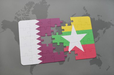 bir dünya haritası arka plan üzerinde Katar ve Myanmar ulusal bayrağı ile bulmaca.