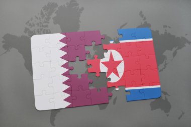 bir dünya haritası arka plan üzerinde Katar ve Kuzey Kore ulusal bayrağı ile bulmaca.