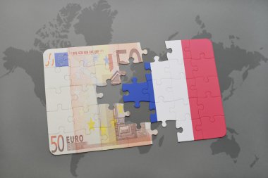 bir dünya haritası arka plan üzerinde Fransa ve euro banknot ulusal bayrağı ile bulmaca.