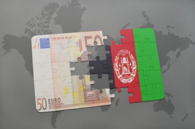 bir dünya haritası arka plan üzerinde afganistan ve euro banknot ulusal bayrağı ile bulmaca.
