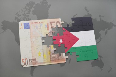bir dünya haritası arka plan üzerinde ürdün ve euro banknot ulusal bayrağı ile bulmaca.