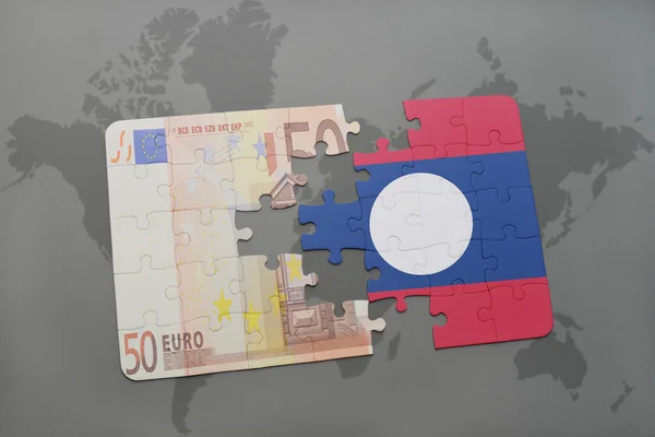 世界地图背景上用老挝国旗和欧元钞票拼图. — 图库照片