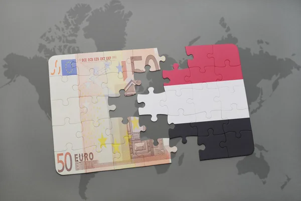 世界地图背景上与也门国旗和欧元钞票的拼图. — 图库照片