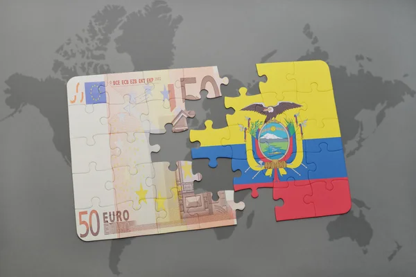 Puzzle with the national flag of ecuador and euro banknote on a world map background. — Stock Photo, Image