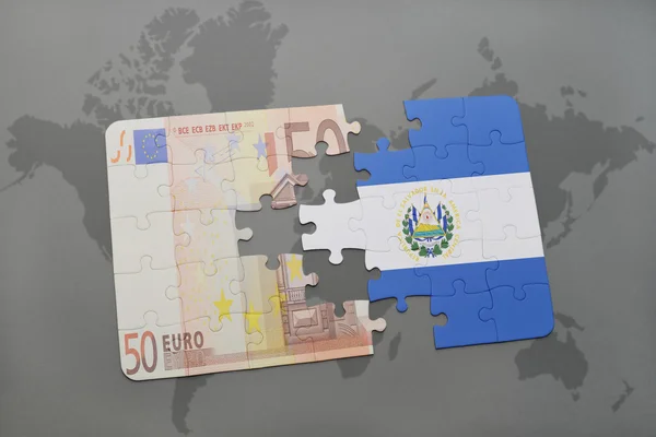 Puzzle with the national flag of el salvador and euro banknote on a world map background. — Stock Photo, Image