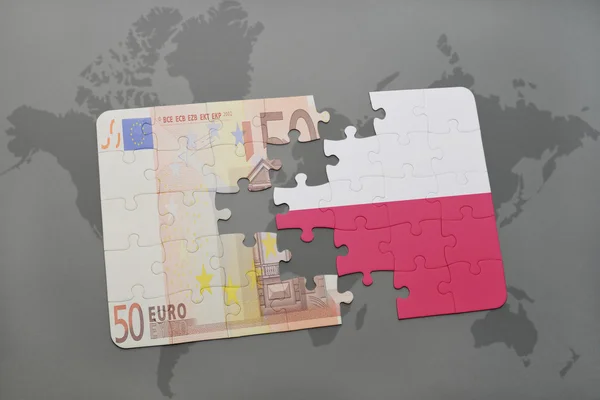 世界地图背景上波兰国旗和欧元钞票的拼图. — 图库照片