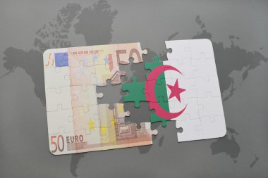 bir dünya haritası arka plan üzerinde cezayir ve euro banknot ulusal bayrağı ile bulmaca.