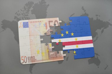 bir dünya haritası arka plan üzerinde cape verde ve euro banknot ulusal bayrağı ile bulmaca.