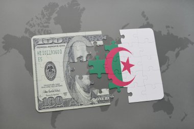 cezayir ulusal bayrağı ve bir dünya haritası arka plan üzerinde dolar banknot ile bulmaca.