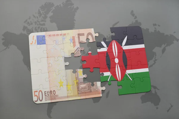 Puzzle with the national flag of kenya and euro banknote on a world map background. — Stock Photo, Image