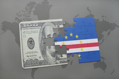 bir dünya haritası arka plan üzerinde cape verde ve dolar banknot ulusal bayrağı ile bulmaca.