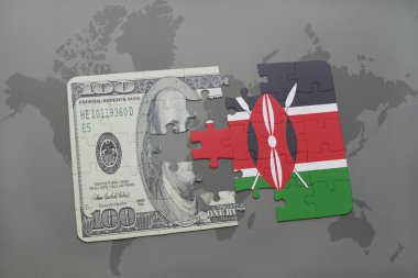 bir dünya haritası arka plan üzerinde kenya ve dolar banknot ulusal bayrağı ile bulmaca.
