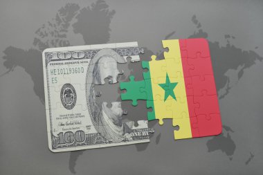 senegal ve Doları banknot dünya harita arka plan üzerinde bayrağı ile bulmaca.