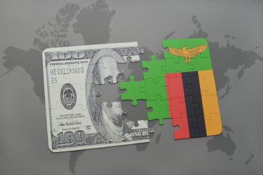 Zambiya ve Doları banknot dünya harita arka plan üzerinde bayrağı ile bulmaca.