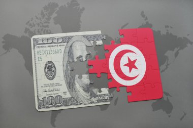 Tunus ve Doları banknot dünya harita arka plan üzerinde bayrağı ile bulmaca.