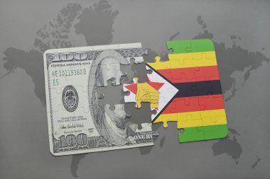 Zimbabve ve Doları banknot dünya harita arka plan üzerinde bayrağı ile bulmaca.