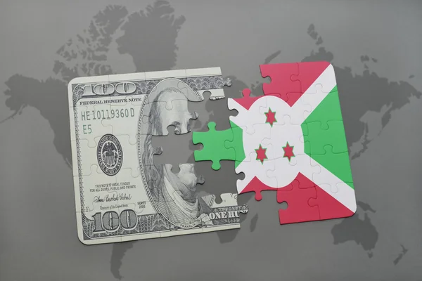 拼图与布隆迪国旗和美元钞票在世界地图背景. — 图库照片