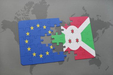 bir dünya haritası arka plan üzerinde Avrupa Birliği ve Burundi ulusal bayrağı ile bulmaca.