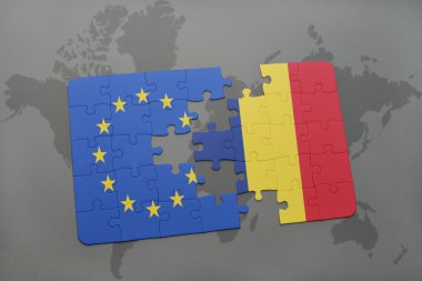 bir dünya haritası arka plan üzerinde Avrupa Birliği ve Çad ulusal bayrağı ile bulmaca.