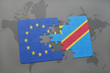 bir dünya haritası arka plan üzerinde Avrupa Birliği ve Kongo Demokratik Cumhuriyeti ulusal bayrağı ile bulmaca.