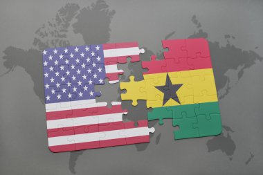 bir dünya haritası arka plan üzerinde Amerika ve Gana Birleşik Devletleri ulusal bayrağı ile bulmaca.
