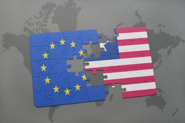 bir dünya haritası arka plan üzerinde Avrupa Birliği ve Liberya ulusal bayrağı ile bulmaca.