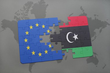 bir dünya haritası arka plan üzerinde Avrupa Birliği ve Libya ulusal bayrağı ile bulmaca.
