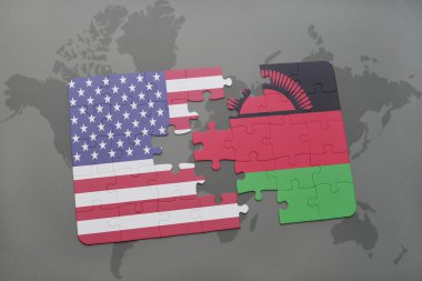 bir dünya haritası arka plan üzerinde Amerika ve Malavi Birleşik Devletleri ulusal bayrağı ile bulmaca.
