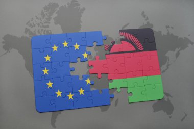bir dünya haritası arka plan üzerinde Avrupa Birliği ve malavi ulusal bayrağı ile bulmaca.