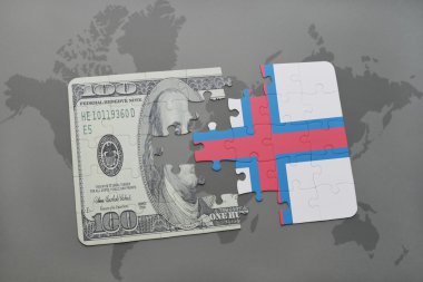 faroe Adaları ve Doları banknot dünya harita arka plan üzerinde bayrağı ile bulmaca.
