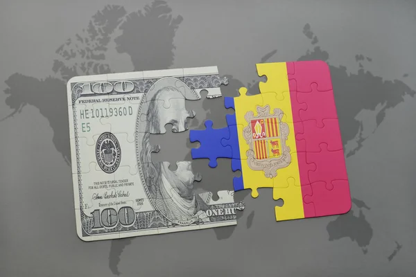 Puzzle con la bandiera nazionale di andorra e banconote in dollari su sfondo mappa del mondo . — Foto Stock