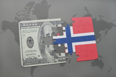 Norveç ve Doları banknot dünya harita arka plan üzerinde bayrağı ile bulmaca.