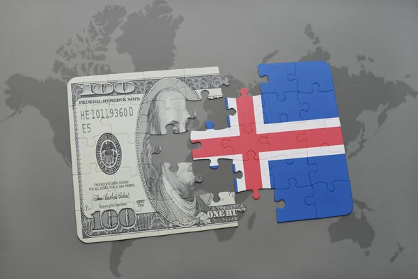 益智与冰岛和美元钞票世界地图背景上的国旗. — 图库照片